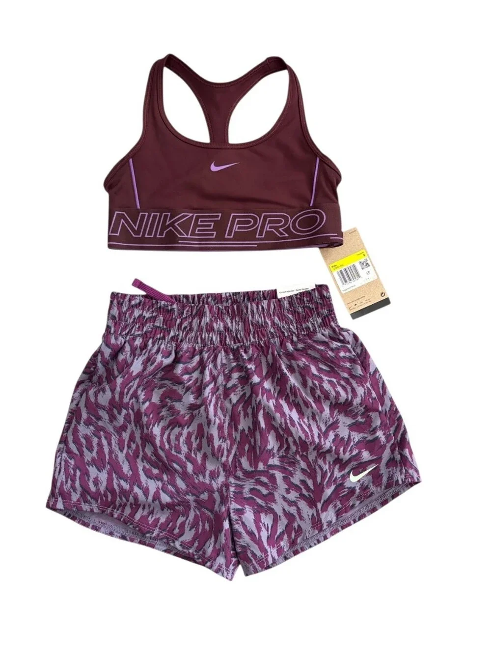 Nike Girl's Purple Sports Bra and Purple Patterned Running Shorts Set